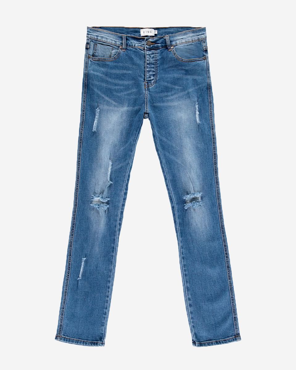 E15 Slim Fit Denim Jeans - Distressed Indigo Mid Wash
