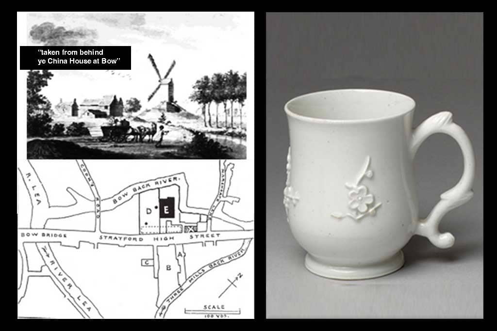 Map and pieces from the Bow Porcelain Factory