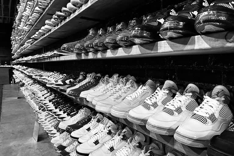 Shelves of sneakers in a store