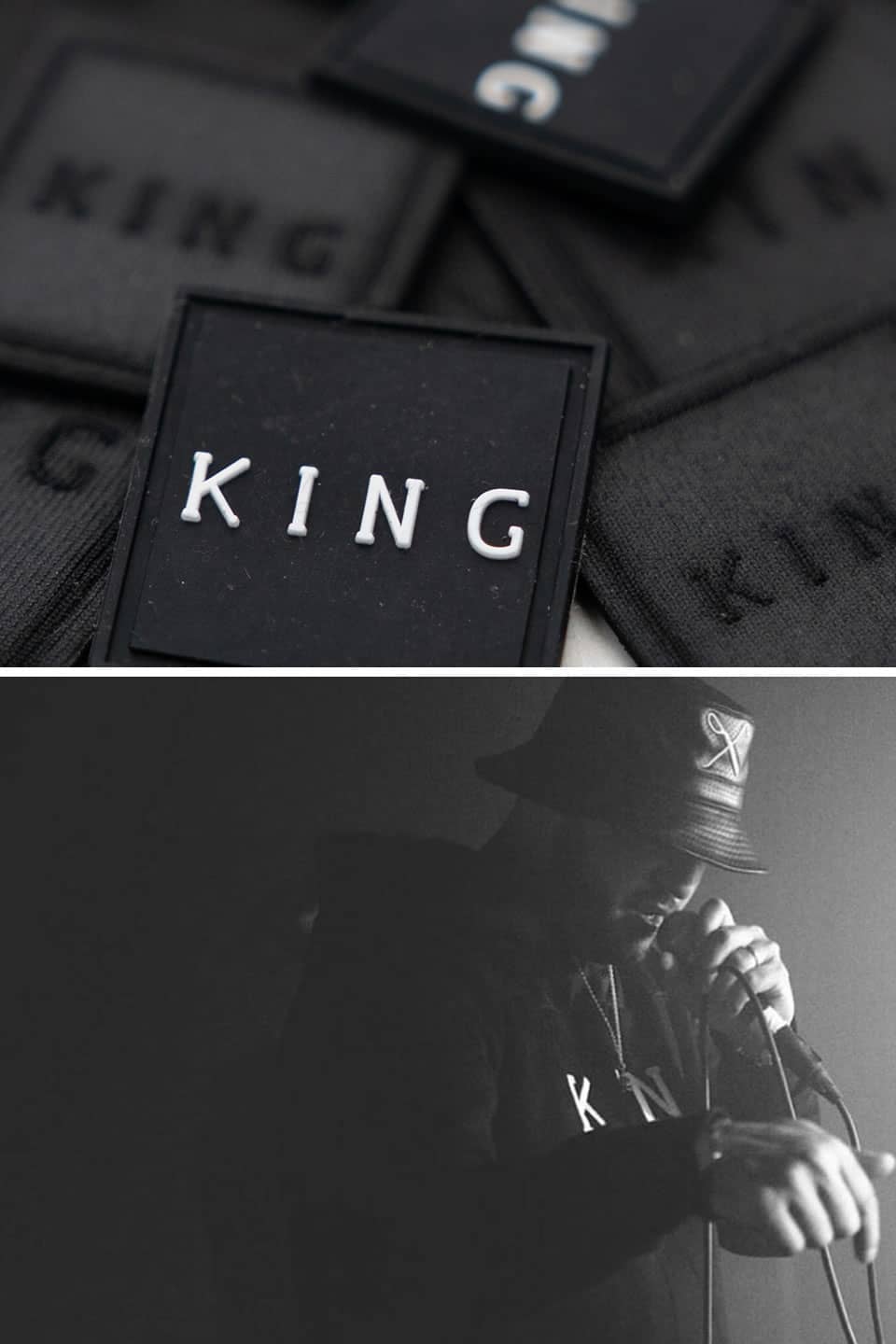 King Apparel labels and emcee wearing bucket hat