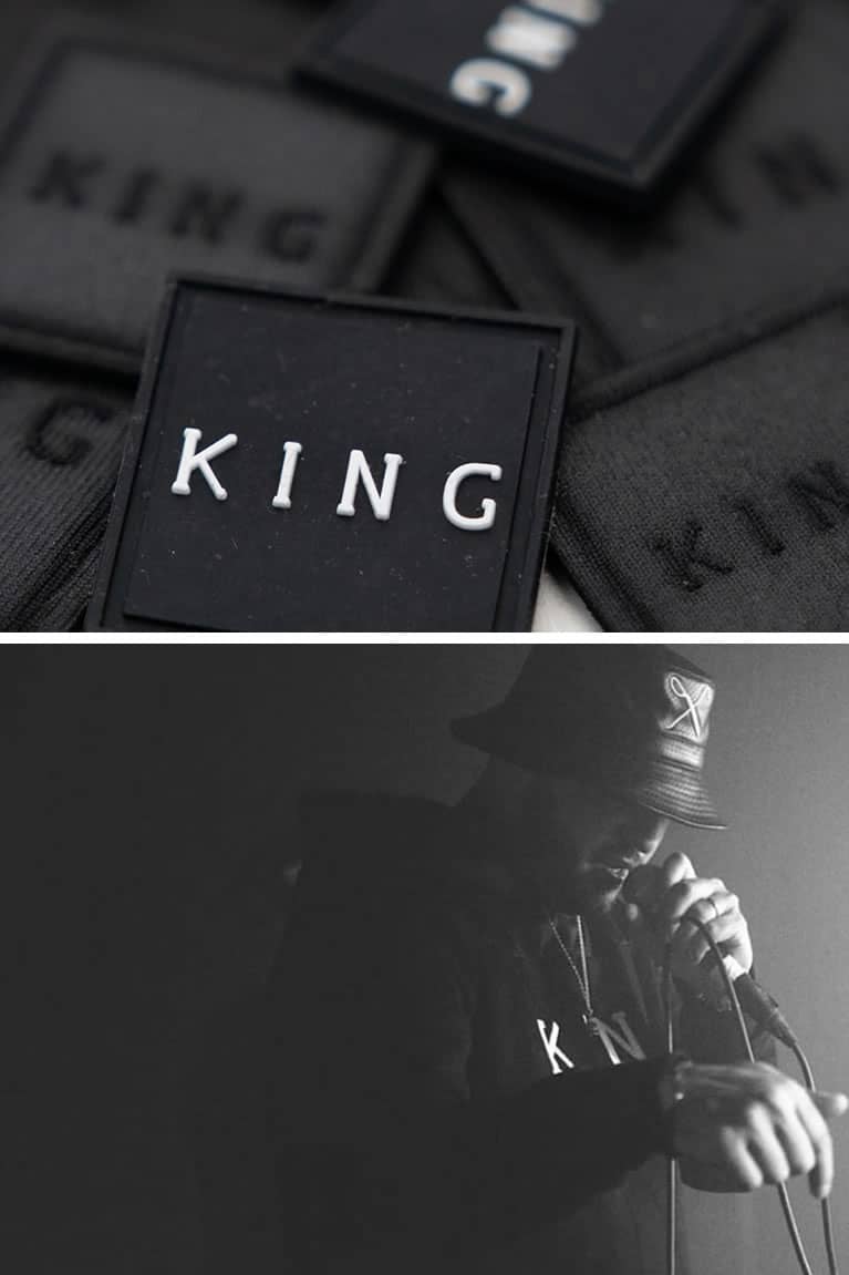 King Apparel labels and emcee wearing bucket hat