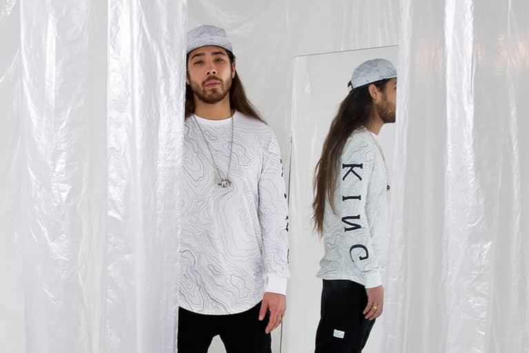 Model wears t-shirt and track bottoms from King Apparel Autumn / Winter 2015 collection