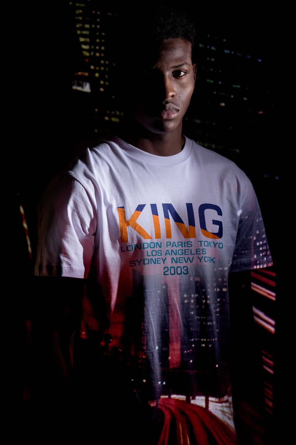 Model wears t-shirt from King Apparel Autumn / Winter 2018 collection