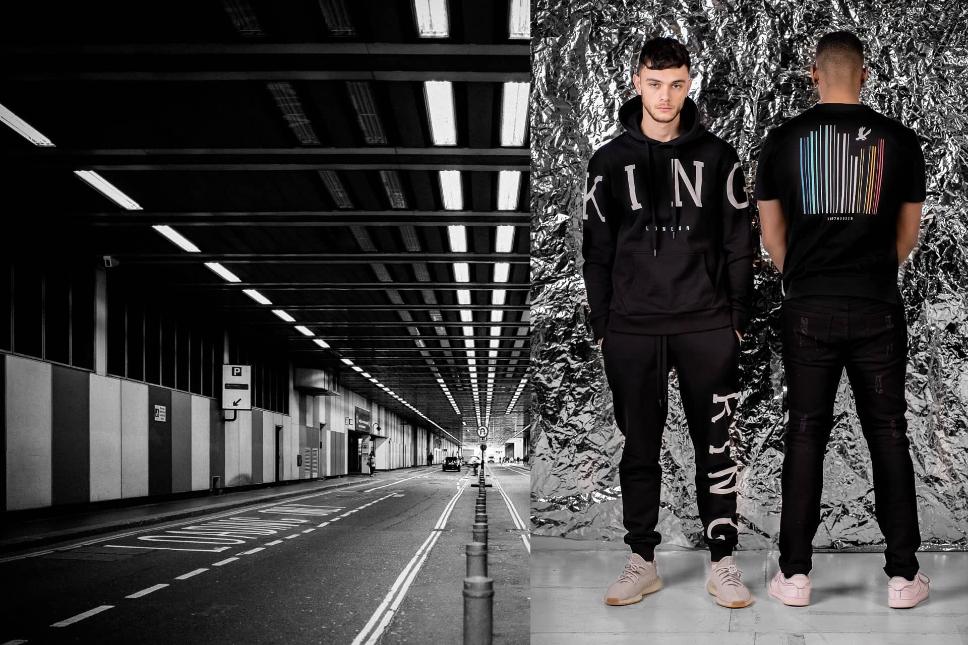 Models wear King Apparel Leyton tracksuit and Defy t-shirt in black