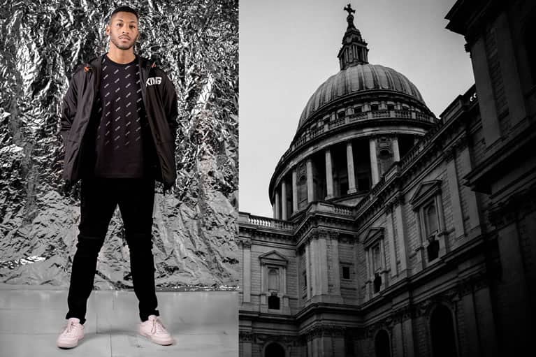 Model wears King Apparel Manor t-shirt and Bethnal Coach windrunner jacket in black