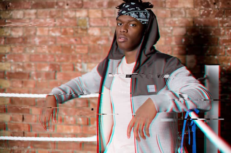 KSI wears t-shirt and tracksuit hoodie from King Apparel Spring / Summer 2018 collection