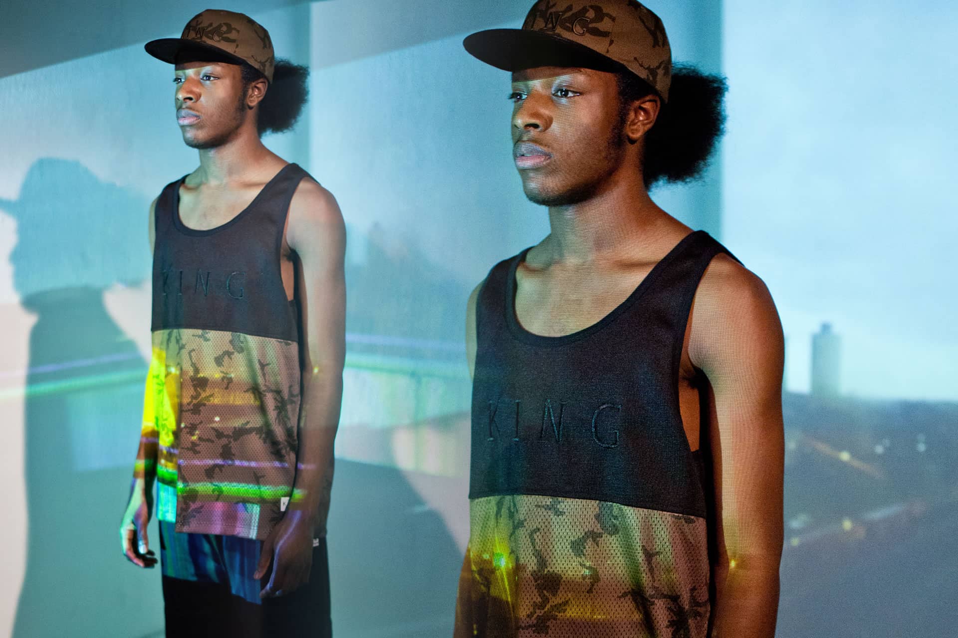 Model wears snapack cap and vest from King Apparel Spring / Summer 2015 collection