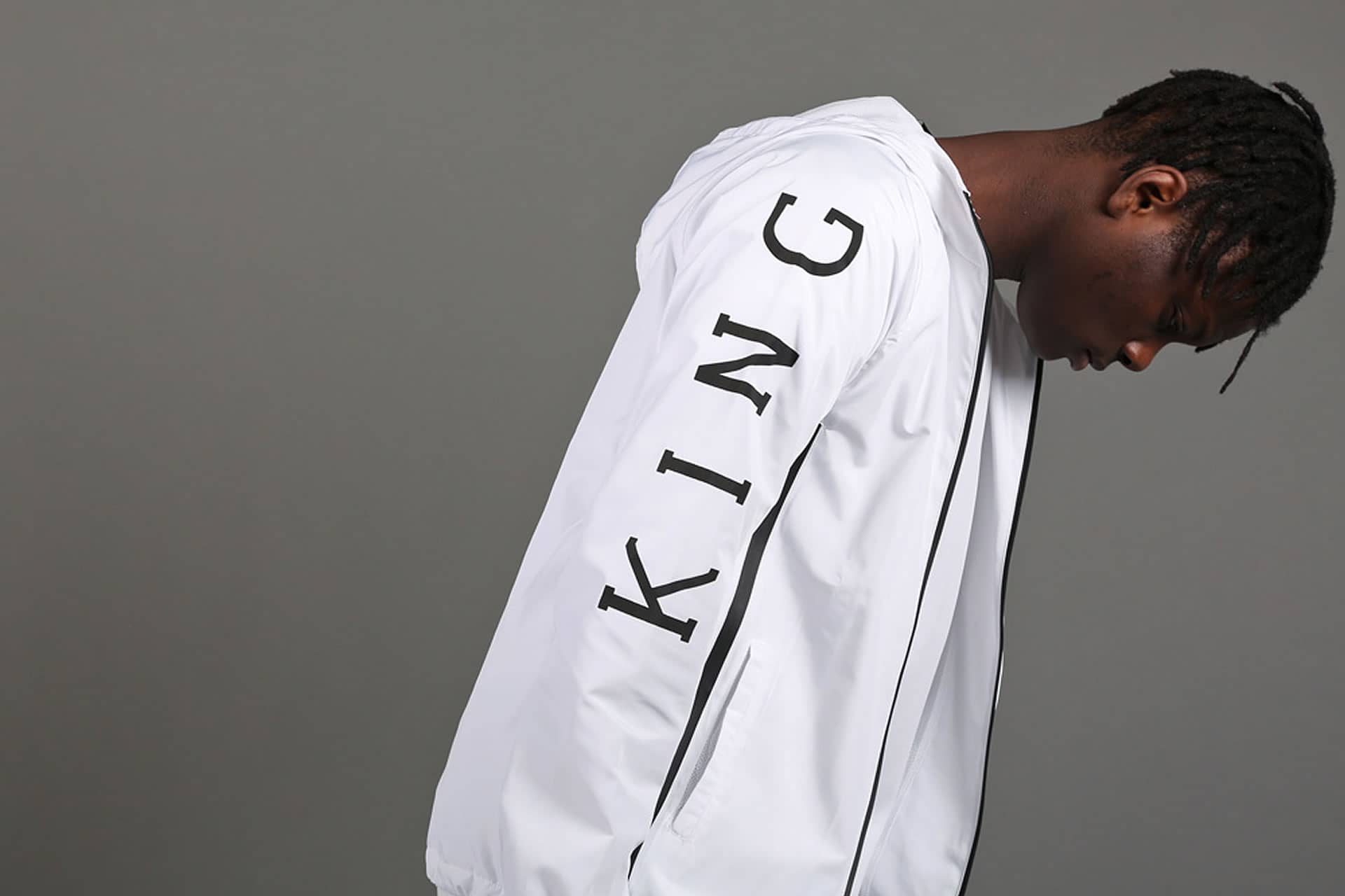 Model wears jacket from King Apparel Spring / Summer 2016 collection