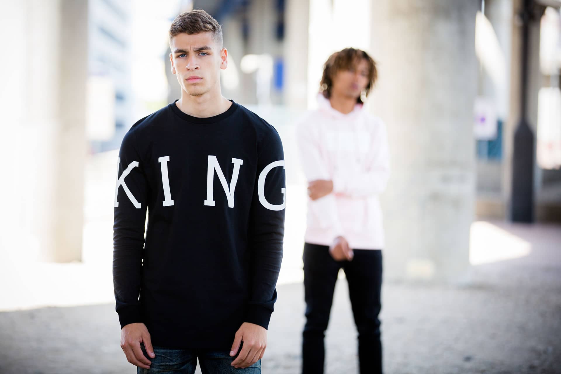 Model wears long sleeve t-shirt from King Apparel Spring / Summer 2018 collection