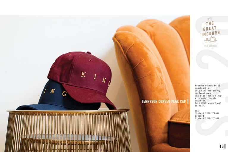 King Apparel Tennyson Gold curved peak cap in oxblood red and ink blue
