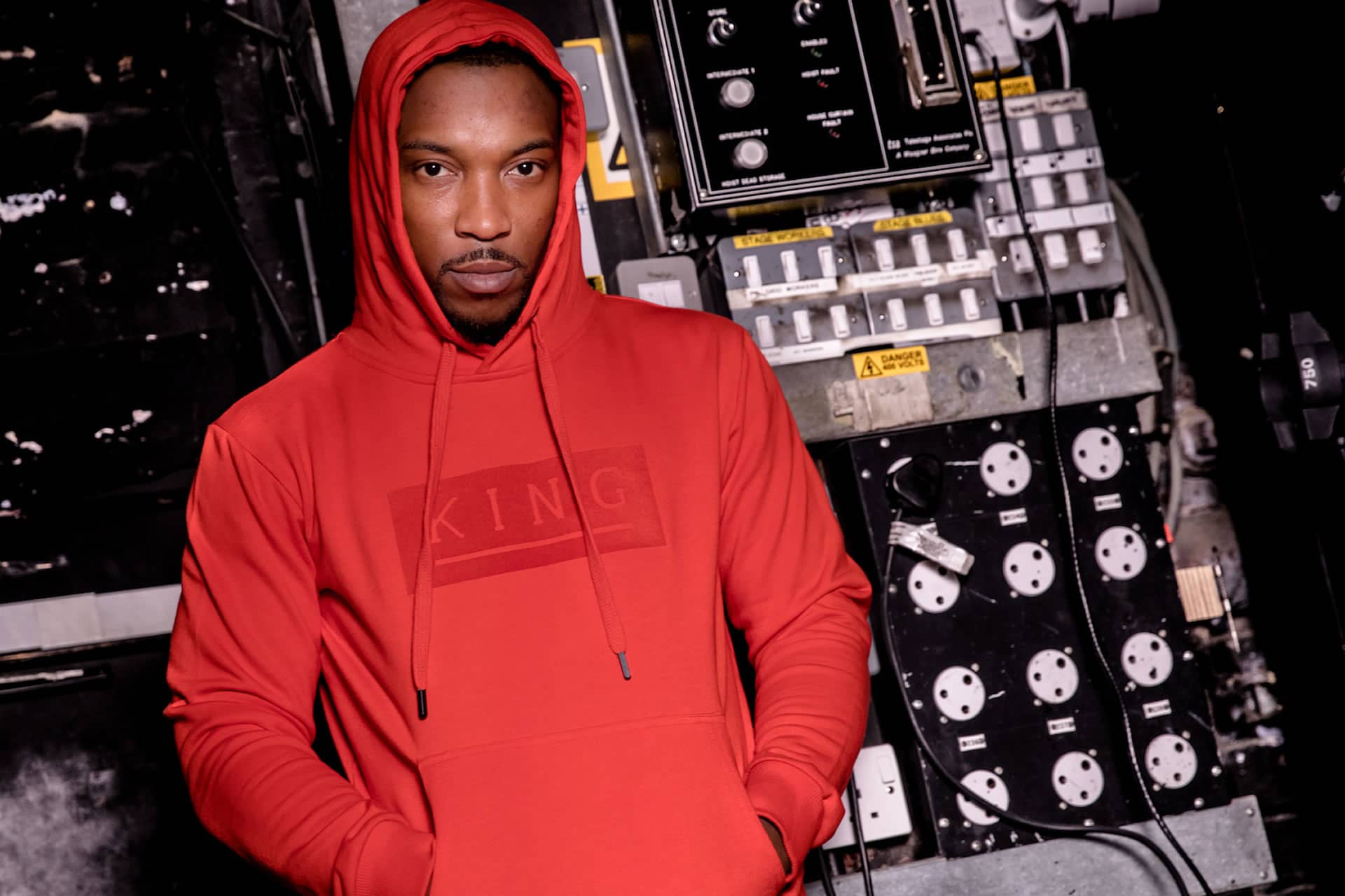 Ashley Walters wears hoodie from King Apparel Autumn / Winter 2018 collection